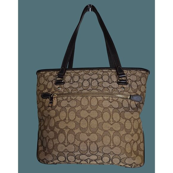 Coach Handbags - Coach Outline Signature Canvas Leather Tote Zip Shoulder Bag #F58282